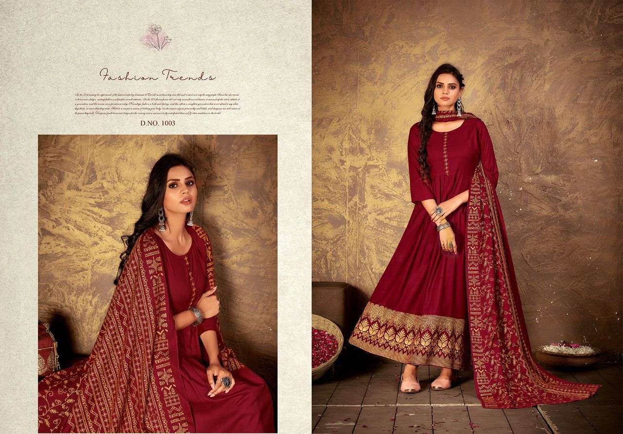 ANKITA BY RANI BHATIYANI 1001 TO 1006 SERIES BEAUTIFUL STYLISH FANCY COLORFUL CASUAL WEAR & ETHNIC WEAR RAYON FOIL PRINT GOWNS WITH DUPATTA AT WHOLESALE PRICE