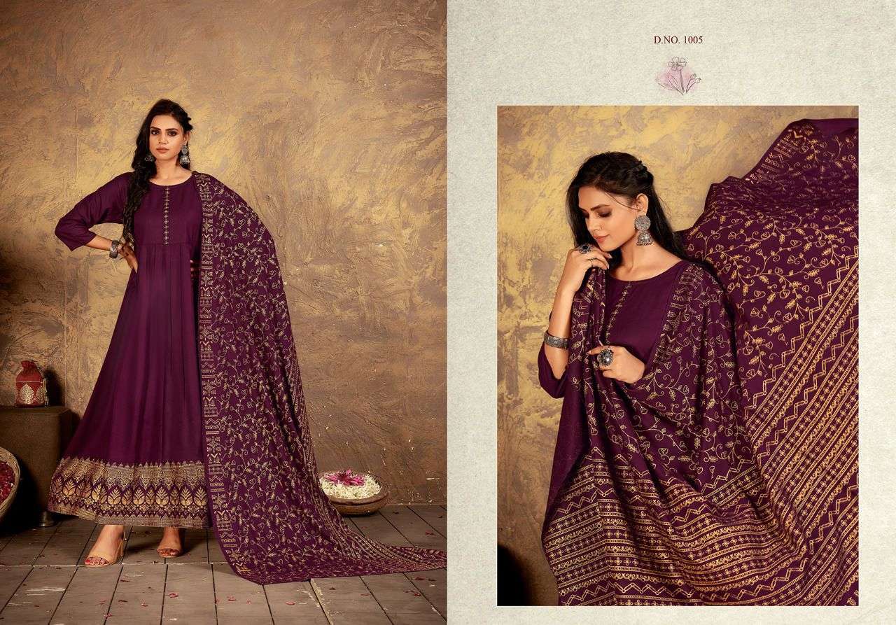ANKITA BY RANI BHATIYANI 1001 TO 1006 SERIES BEAUTIFUL STYLISH FANCY COLORFUL CASUAL WEAR & ETHNIC WEAR RAYON FOIL PRINT GOWNS WITH DUPATTA AT WHOLESALE PRICE