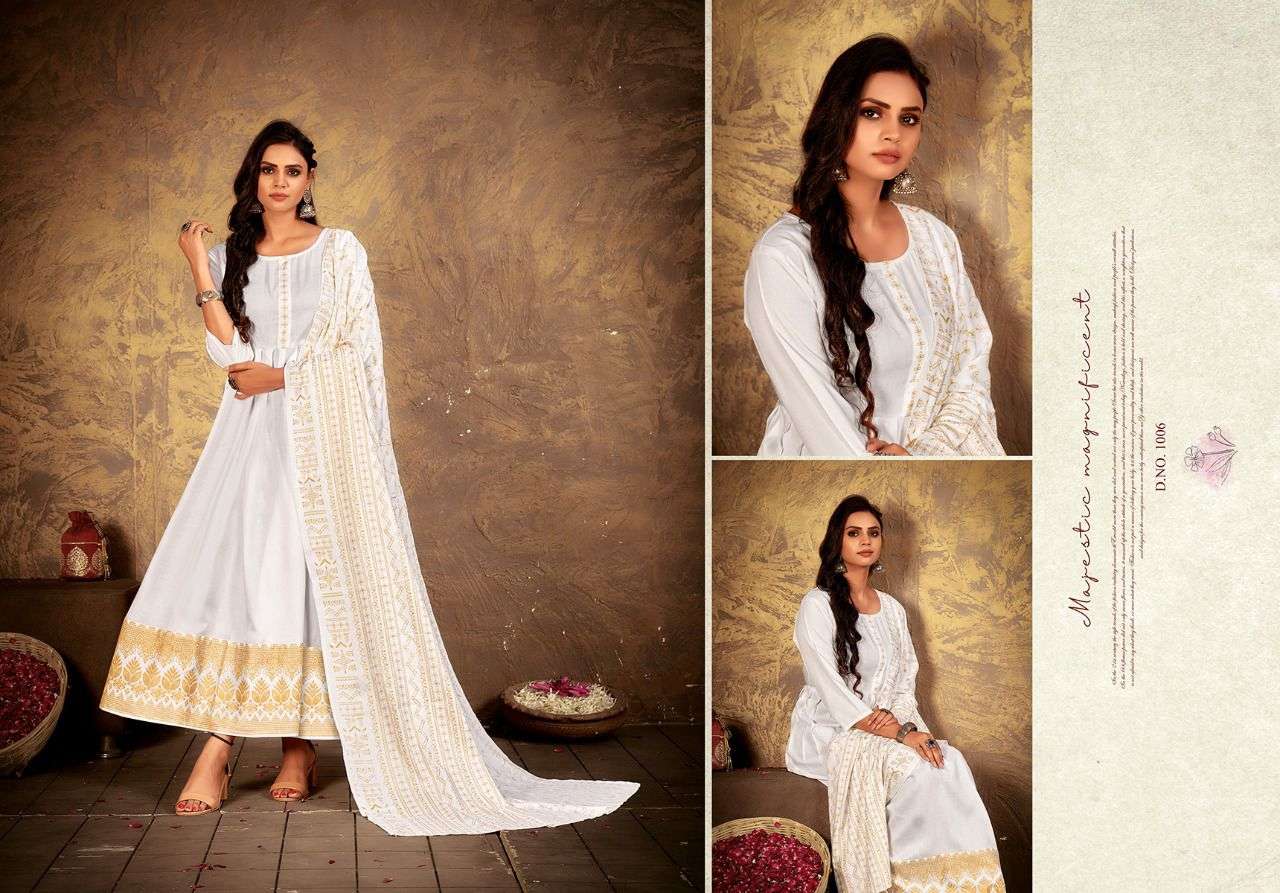 ANKITA BY RANI BHATIYANI 1001 TO 1006 SERIES BEAUTIFUL STYLISH FANCY COLORFUL CASUAL WEAR & ETHNIC WEAR RAYON FOIL PRINT GOWNS WITH DUPATTA AT WHOLESALE PRICE