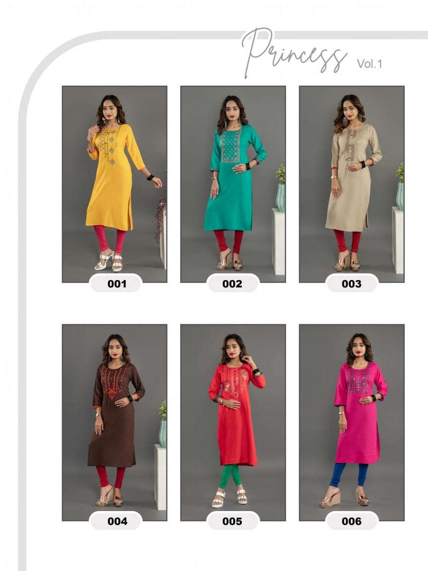 PRINCESS VOL-1 BY WOMENS HANGER 001 TO 006 SERIES DESIGNER STYLISH FANCY COLORFUL BEAUTIFUL PARTY WEAR & ETHNIC WEAR COLLECTION RAYON EMBROIDERY KURTIS AT WHOLESALE PRICE