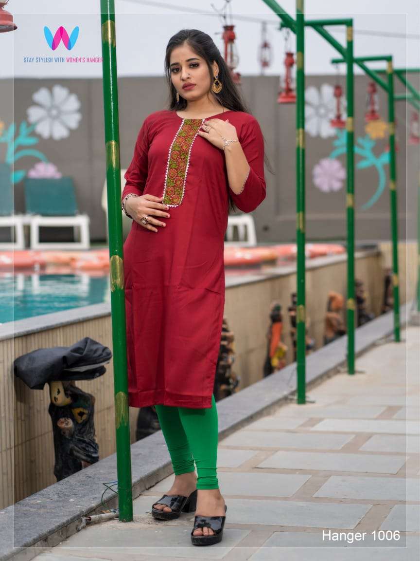 HANGER BY WOMENS HANGER 1001 TO 1006 SERIES DESIGNER STYLISH FANCY COLORFUL BEAUTIFUL PARTY WEAR & ETHNIC WEAR COLLECTION RAYON EMBROIDERY KURTIS AT WHOLESALE PRICE