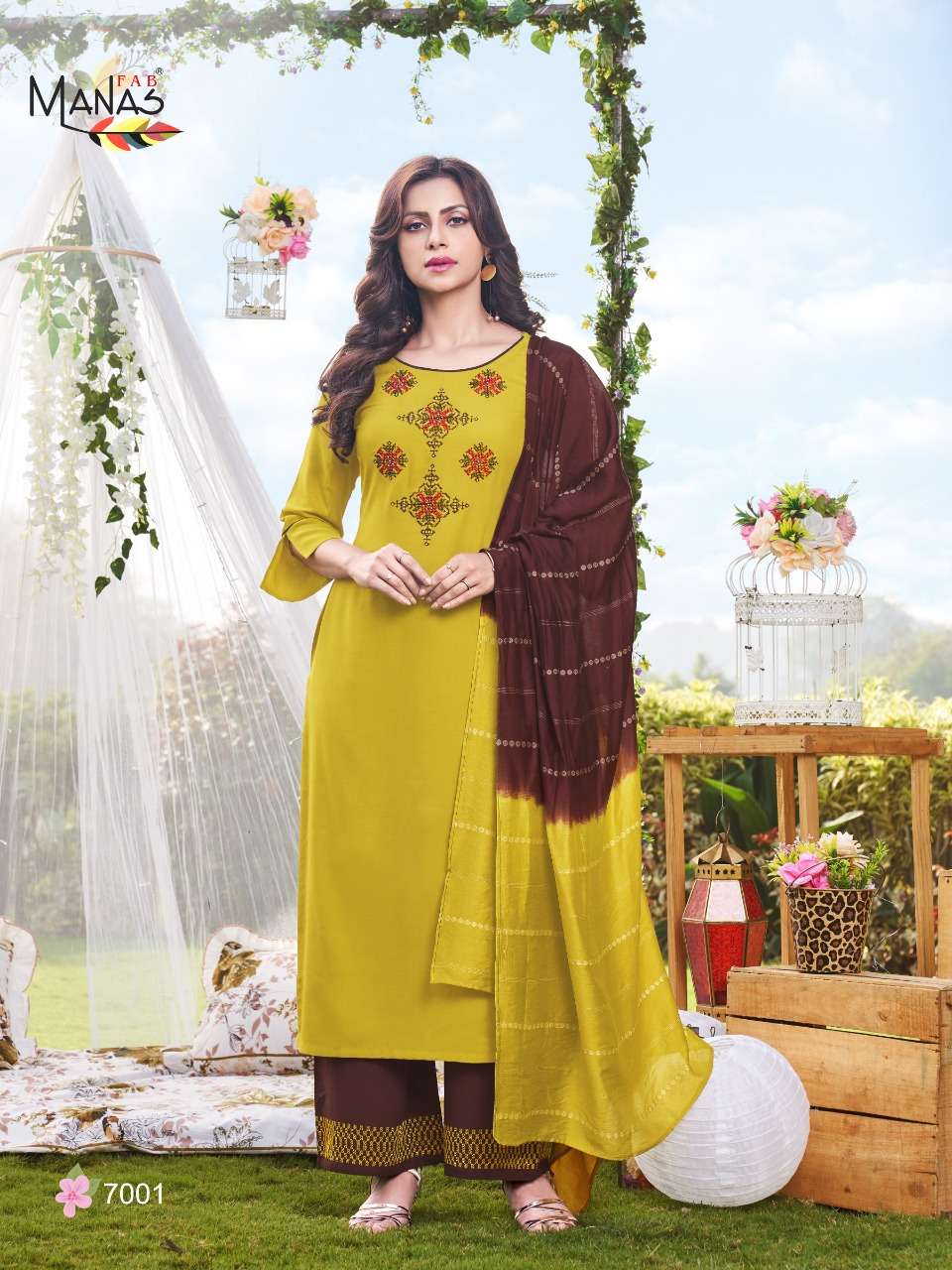 ALINA BY MANAS FAB 7001 TO 7006 SERIES BEAUTIFUL SUITS COLORFUL STYLISH FANCY CASUAL WEAR & ETHNIC WEAR RAYON EMBROIDERED DRESSES AT WHOLESALE PRICE