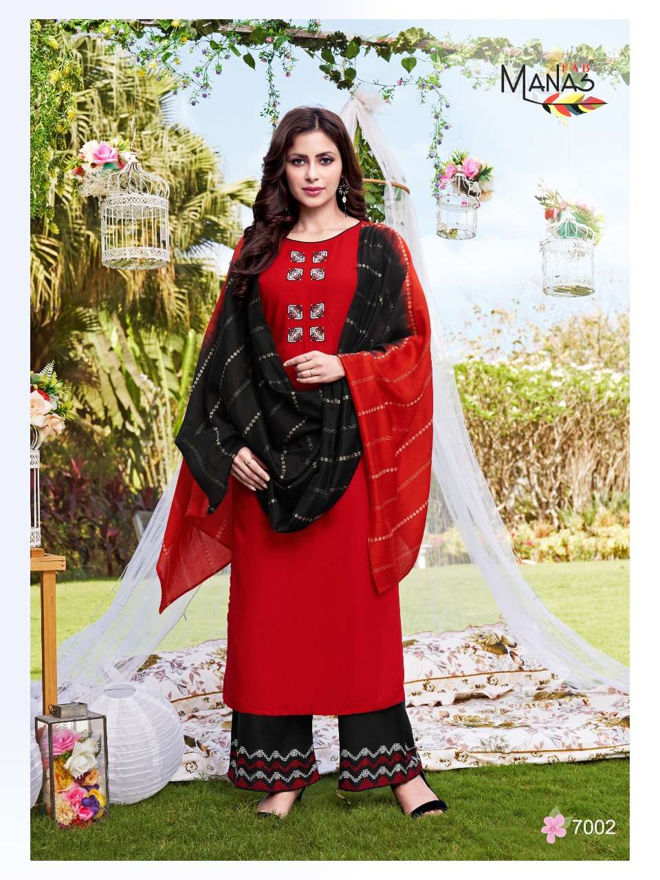 ALINA BY MANAS FAB 7001 TO 7006 SERIES BEAUTIFUL SUITS COLORFUL STYLISH FANCY CASUAL WEAR & ETHNIC WEAR RAYON EMBROIDERED DRESSES AT WHOLESALE PRICE