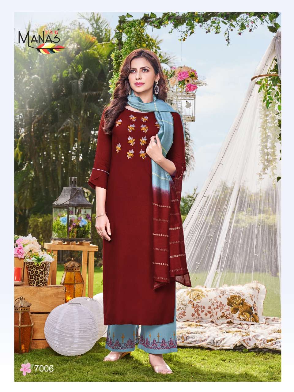 ALINA BY MANAS FAB 7001 TO 7006 SERIES BEAUTIFUL SUITS COLORFUL STYLISH FANCY CASUAL WEAR & ETHNIC WEAR RAYON EMBROIDERED DRESSES AT WHOLESALE PRICE