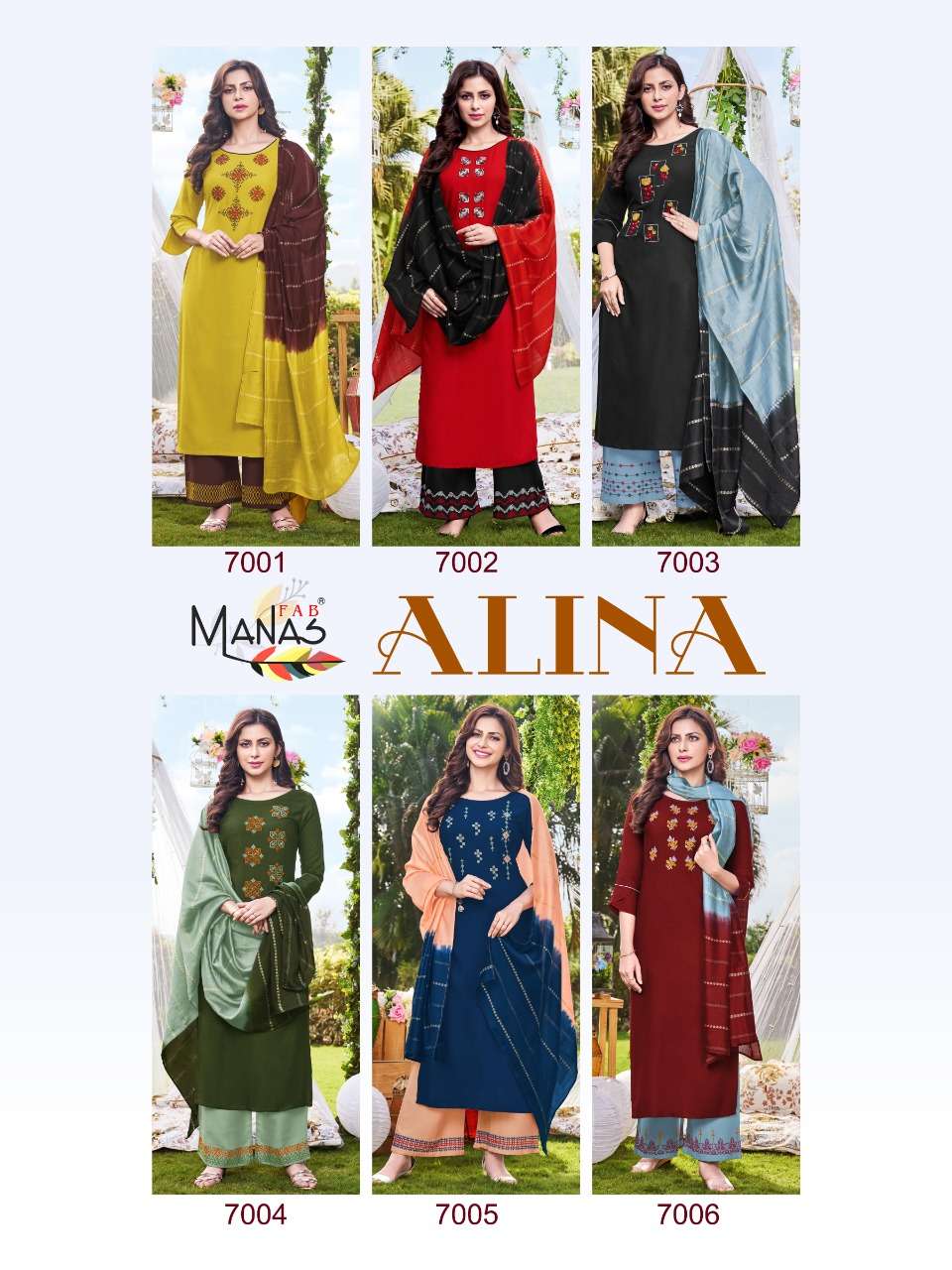 ALINA BY MANAS FAB 7001 TO 7006 SERIES BEAUTIFUL SUITS COLORFUL STYLISH FANCY CASUAL WEAR & ETHNIC WEAR RAYON EMBROIDERED DRESSES AT WHOLESALE PRICE