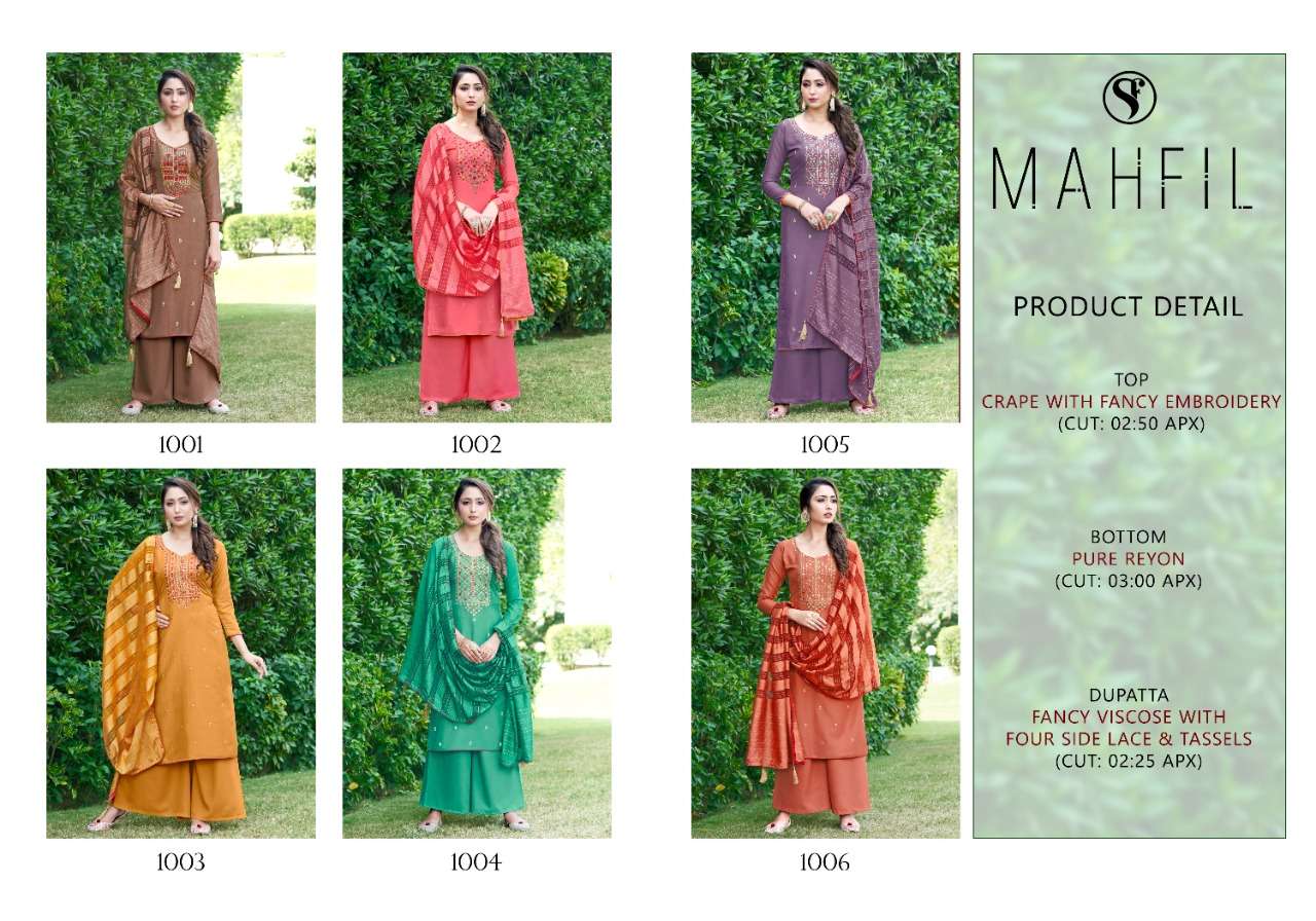 MAHFIL BY SWEETY FASHION 1001 TO 1006 SERIES BEAUTIFUL SUITS COLORFUL STYLISH FANCY CASUAL WEAR & ETHNIC WEAR CREPE EMBROIDERED DRESSES AT WHOLESALE PRICE