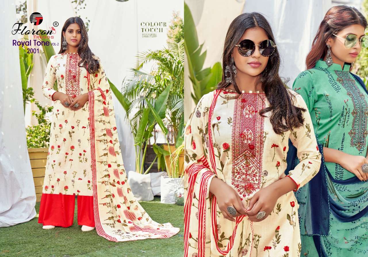ROYAL TONE VOL-2 BY FLOREON TRENDS 2001 TO 2010 SERIES BEAUTIFUL SUITS COLORFUL STYLISH FANCY CASUAL WEAR & ETHNIC WEAR GLACE SATIN COTTON EMBROIDERED DRESSES AT WHOLESALE PRICE