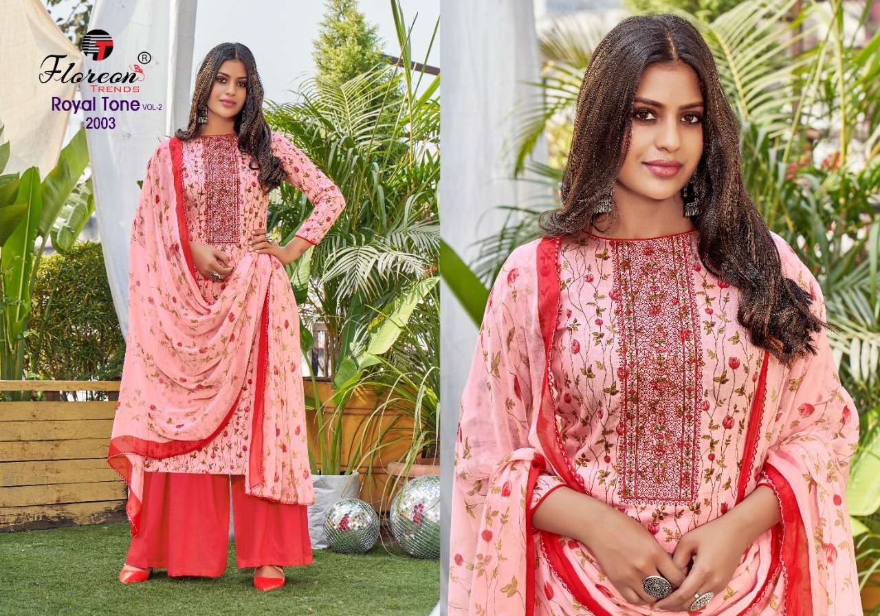 ROYAL TONE VOL-2 BY FLOREON TRENDS 2001 TO 2010 SERIES BEAUTIFUL SUITS COLORFUL STYLISH FANCY CASUAL WEAR & ETHNIC WEAR GLACE SATIN COTTON EMBROIDERED DRESSES AT WHOLESALE PRICE
