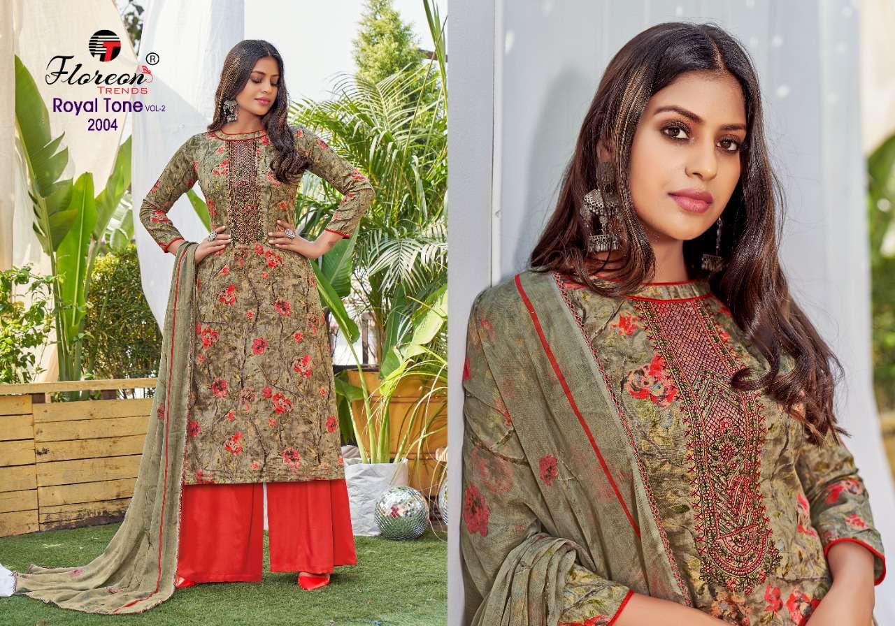 ROYAL TONE VOL-2 BY FLOREON TRENDS 2001 TO 2010 SERIES BEAUTIFUL SUITS COLORFUL STYLISH FANCY CASUAL WEAR & ETHNIC WEAR GLACE SATIN COTTON EMBROIDERED DRESSES AT WHOLESALE PRICE