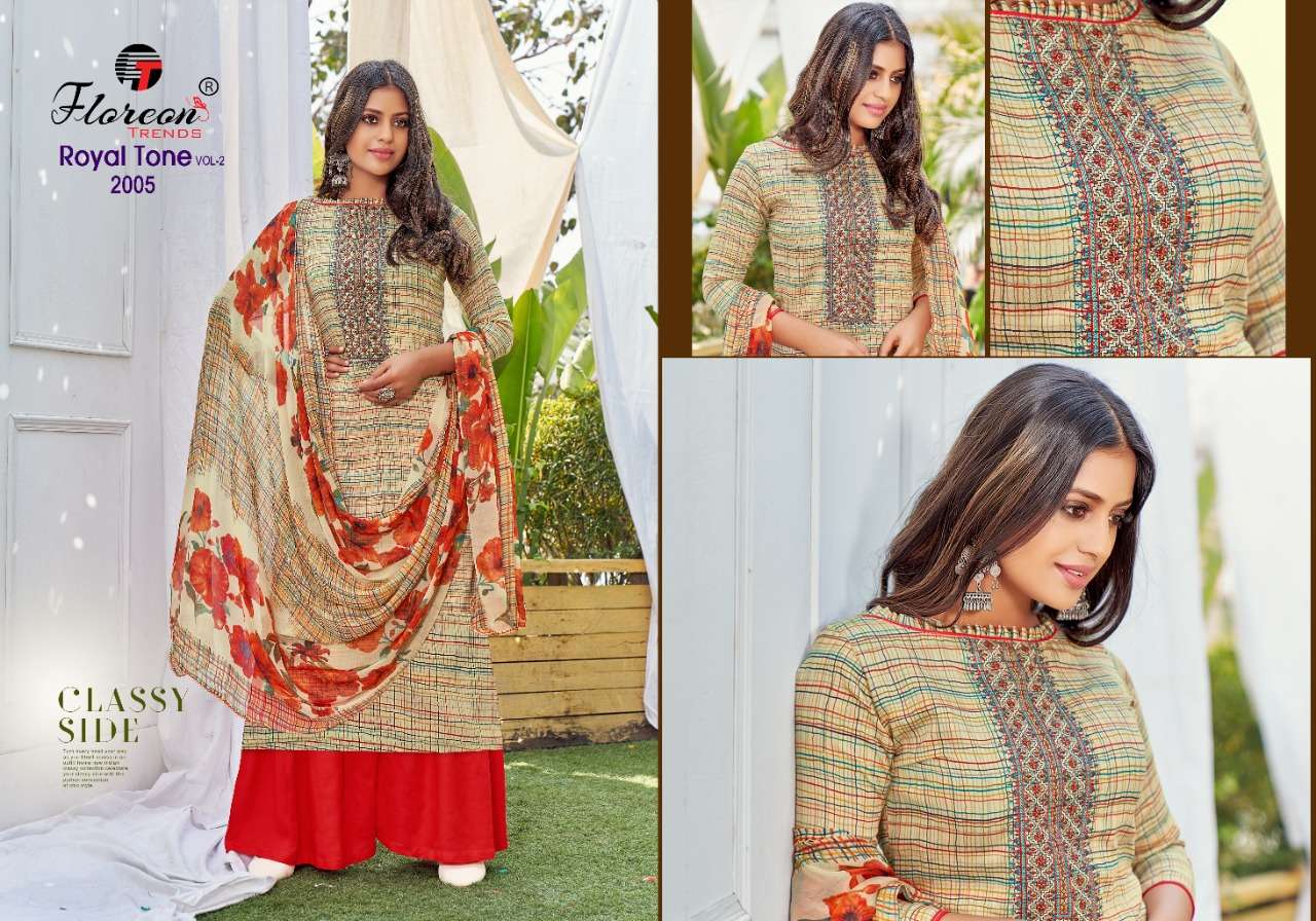 ROYAL TONE VOL-2 BY FLOREON TRENDS 2001 TO 2010 SERIES BEAUTIFUL SUITS COLORFUL STYLISH FANCY CASUAL WEAR & ETHNIC WEAR GLACE SATIN COTTON EMBROIDERED DRESSES AT WHOLESALE PRICE