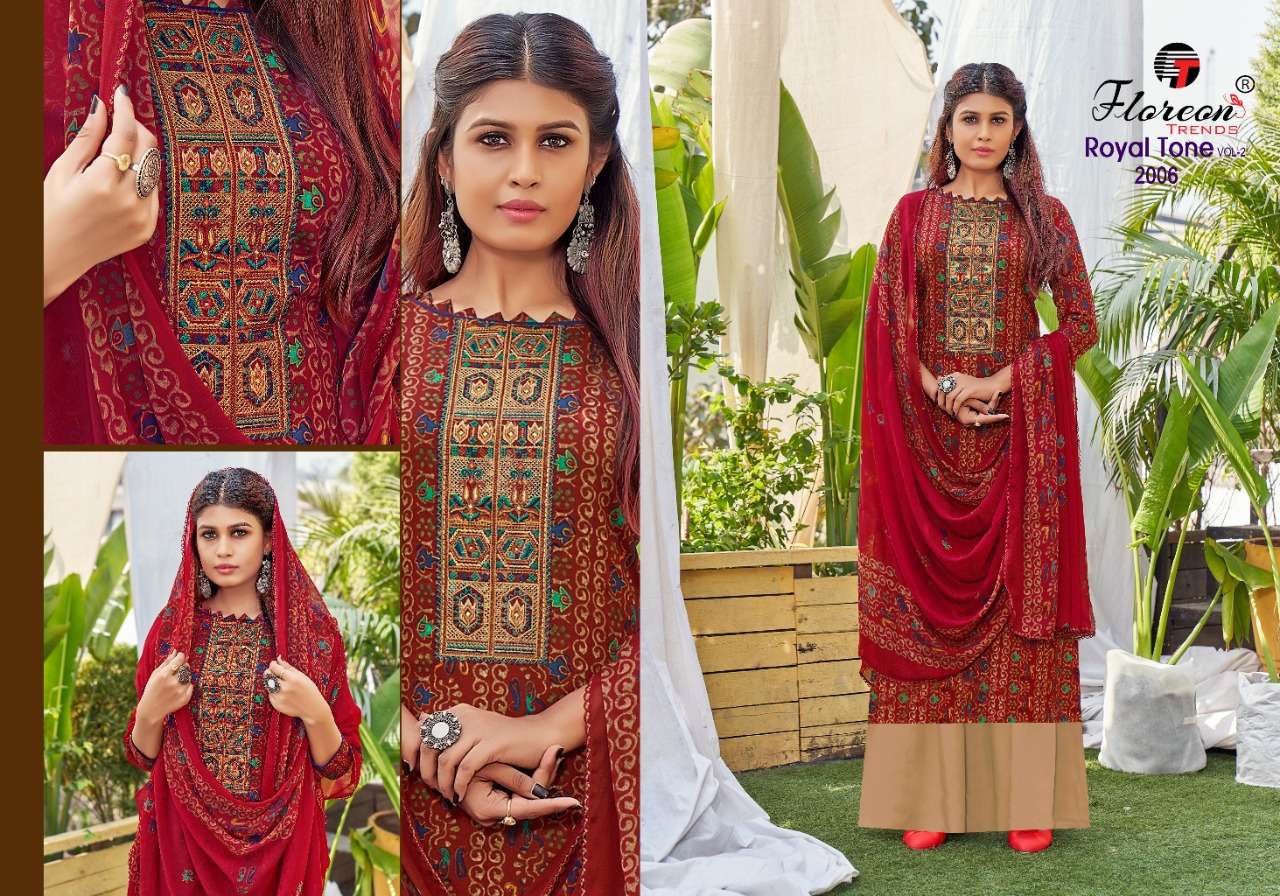 ROYAL TONE VOL-2 BY FLOREON TRENDS 2001 TO 2010 SERIES BEAUTIFUL SUITS COLORFUL STYLISH FANCY CASUAL WEAR & ETHNIC WEAR GLACE SATIN COTTON EMBROIDERED DRESSES AT WHOLESALE PRICE