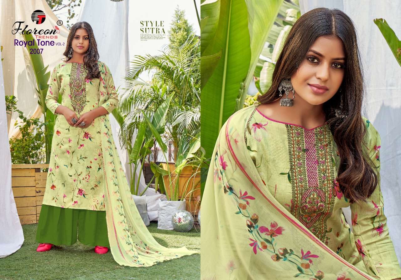 ROYAL TONE VOL-2 BY FLOREON TRENDS 2001 TO 2010 SERIES BEAUTIFUL SUITS COLORFUL STYLISH FANCY CASUAL WEAR & ETHNIC WEAR GLACE SATIN COTTON EMBROIDERED DRESSES AT WHOLESALE PRICE