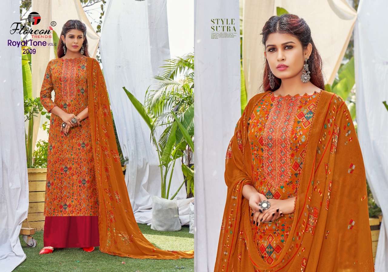 ROYAL TONE VOL-2 BY FLOREON TRENDS 2001 TO 2010 SERIES BEAUTIFUL SUITS COLORFUL STYLISH FANCY CASUAL WEAR & ETHNIC WEAR GLACE SATIN COTTON EMBROIDERED DRESSES AT WHOLESALE PRICE