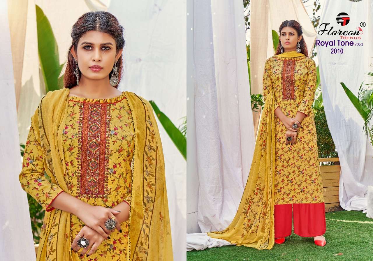 ROYAL TONE VOL-2 BY FLOREON TRENDS 2001 TO 2010 SERIES BEAUTIFUL SUITS COLORFUL STYLISH FANCY CASUAL WEAR & ETHNIC WEAR GLACE SATIN COTTON EMBROIDERED DRESSES AT WHOLESALE PRICE