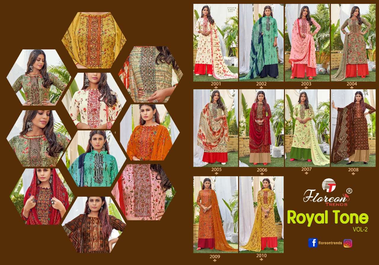 ROYAL TONE VOL-2 BY FLOREON TRENDS 2001 TO 2010 SERIES BEAUTIFUL SUITS COLORFUL STYLISH FANCY CASUAL WEAR & ETHNIC WEAR GLACE SATIN COTTON EMBROIDERED DRESSES AT WHOLESALE PRICE