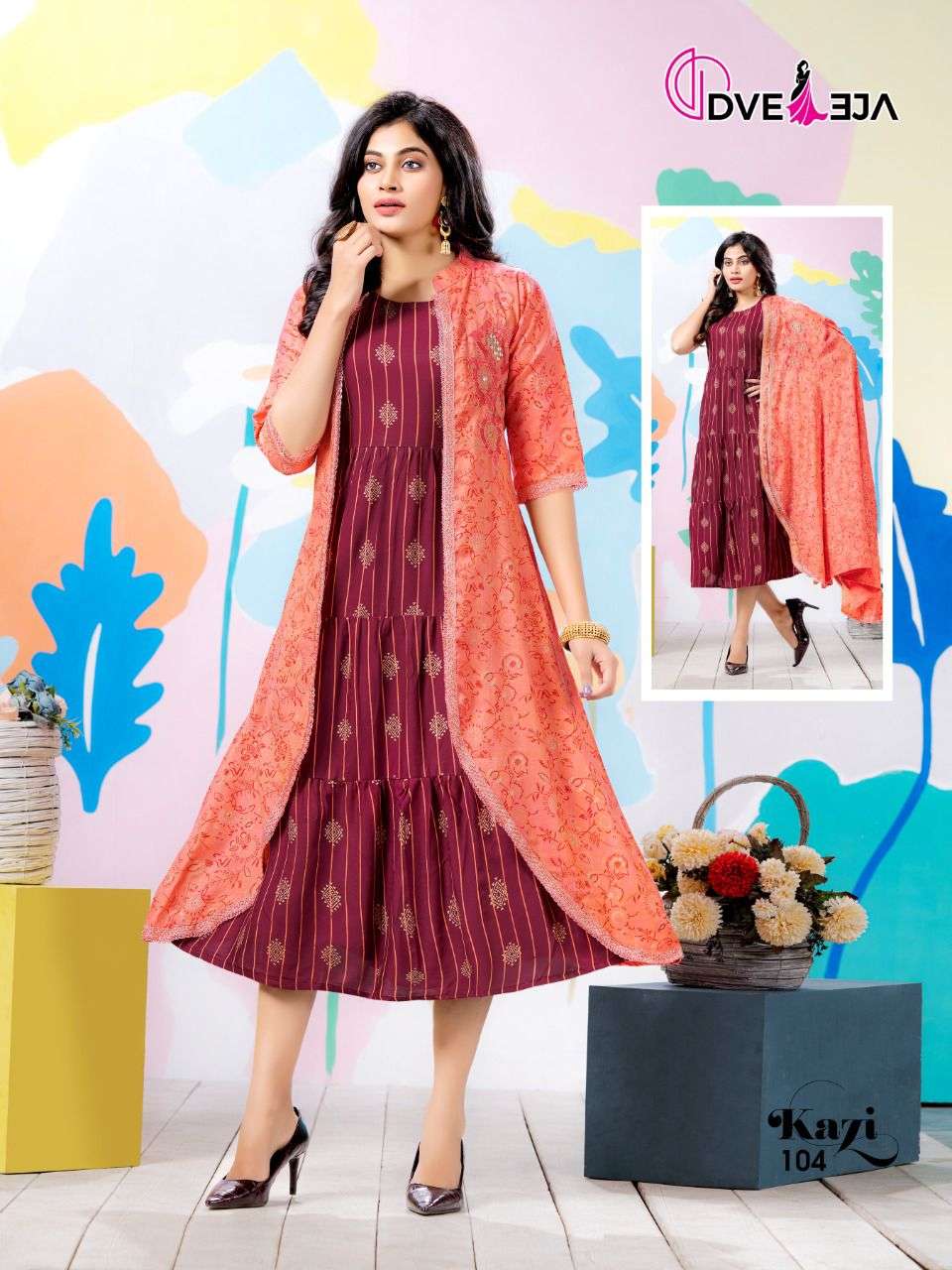 KAZI BY DVEEJA 101 TO 108 SERIES DESIGNER STYLISH FANCY COLORFUL BEAUTIFUL PARTY WEAR & ETHNIC WEAR COLLECTION HEAVY RAYON KURTIS WITH JACKET AT WHOLESALE PRICE