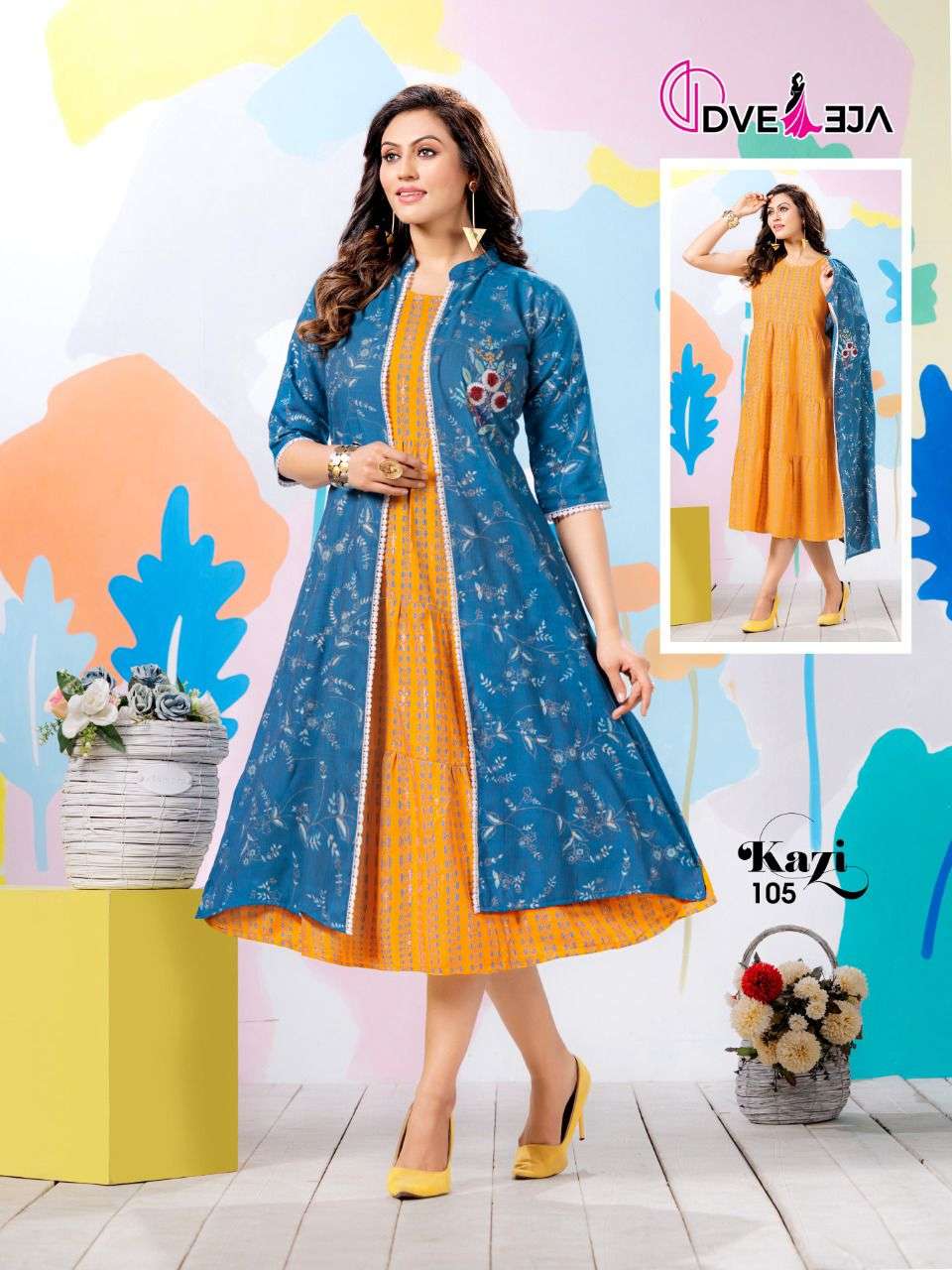 KAZI BY DVEEJA 101 TO 108 SERIES DESIGNER STYLISH FANCY COLORFUL BEAUTIFUL PARTY WEAR & ETHNIC WEAR COLLECTION HEAVY RAYON KURTIS WITH JACKET AT WHOLESALE PRICE