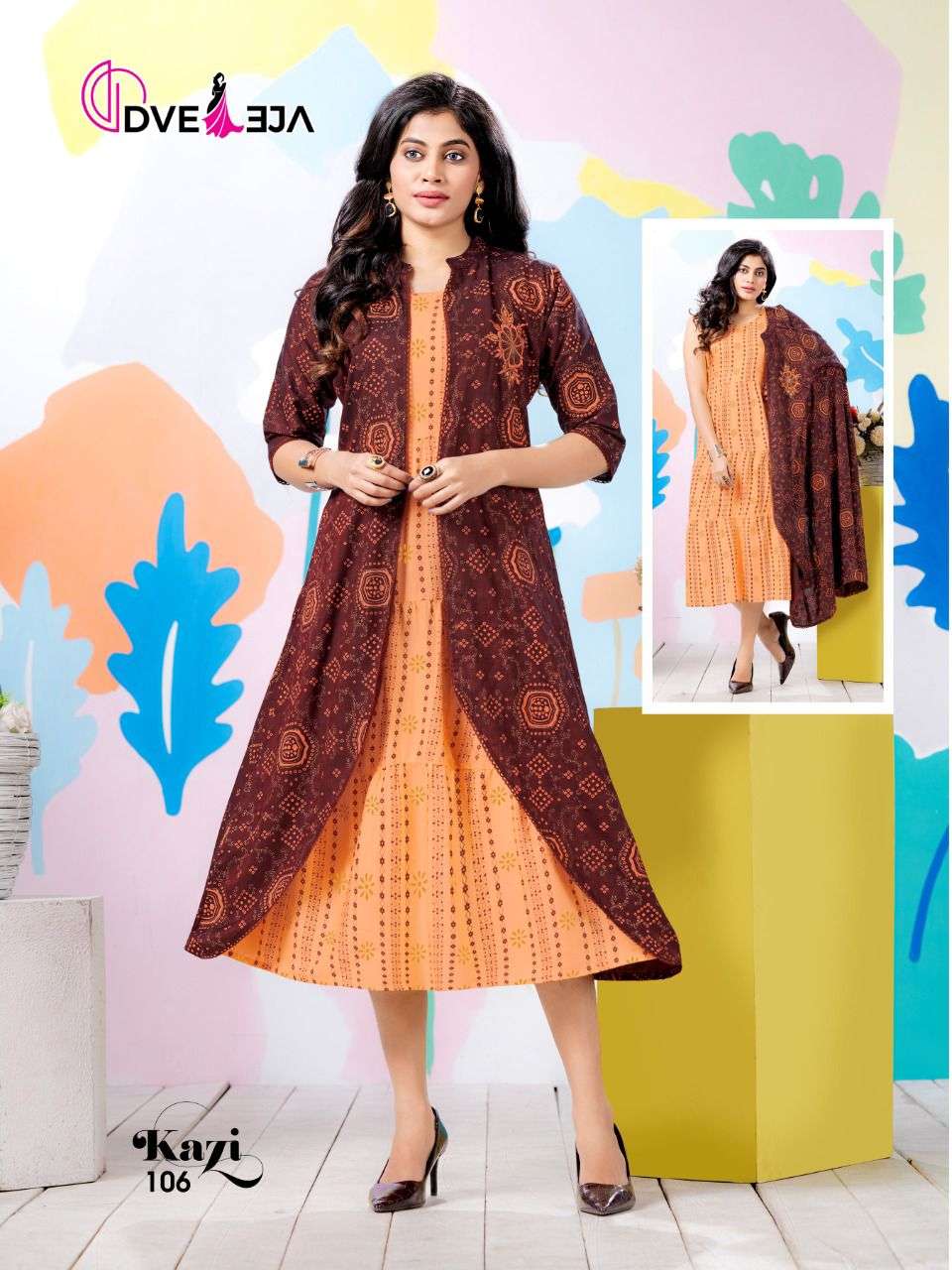 KAZI BY DVEEJA 101 TO 108 SERIES DESIGNER STYLISH FANCY COLORFUL BEAUTIFUL PARTY WEAR & ETHNIC WEAR COLLECTION HEAVY RAYON KURTIS WITH JACKET AT WHOLESALE PRICE