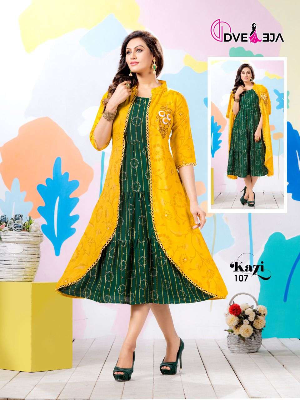 KAZI BY DVEEJA 101 TO 108 SERIES DESIGNER STYLISH FANCY COLORFUL BEAUTIFUL PARTY WEAR & ETHNIC WEAR COLLECTION HEAVY RAYON KURTIS WITH JACKET AT WHOLESALE PRICE