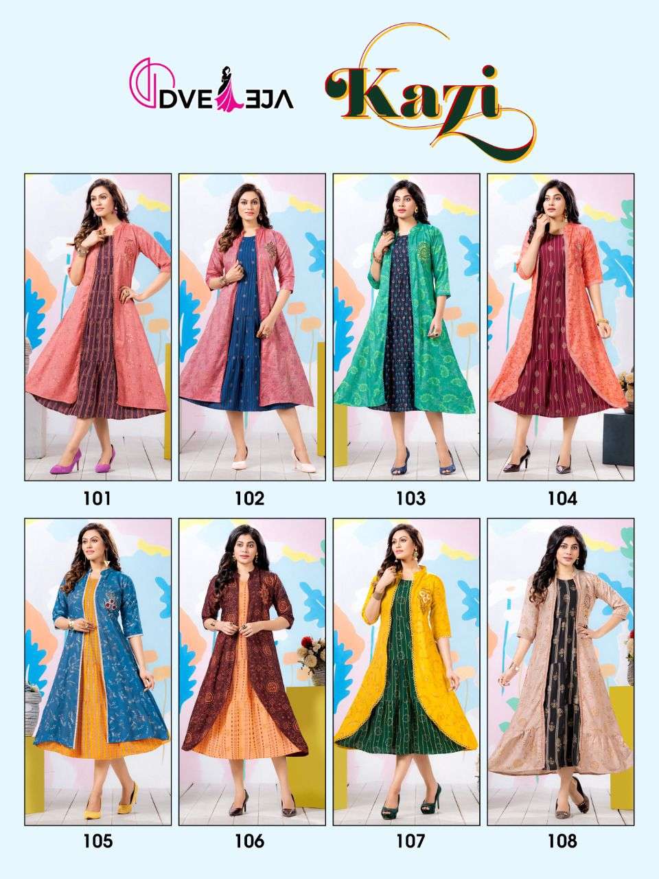 KAZI BY DVEEJA 101 TO 108 SERIES DESIGNER STYLISH FANCY COLORFUL BEAUTIFUL PARTY WEAR & ETHNIC WEAR COLLECTION HEAVY RAYON KURTIS WITH JACKET AT WHOLESALE PRICE