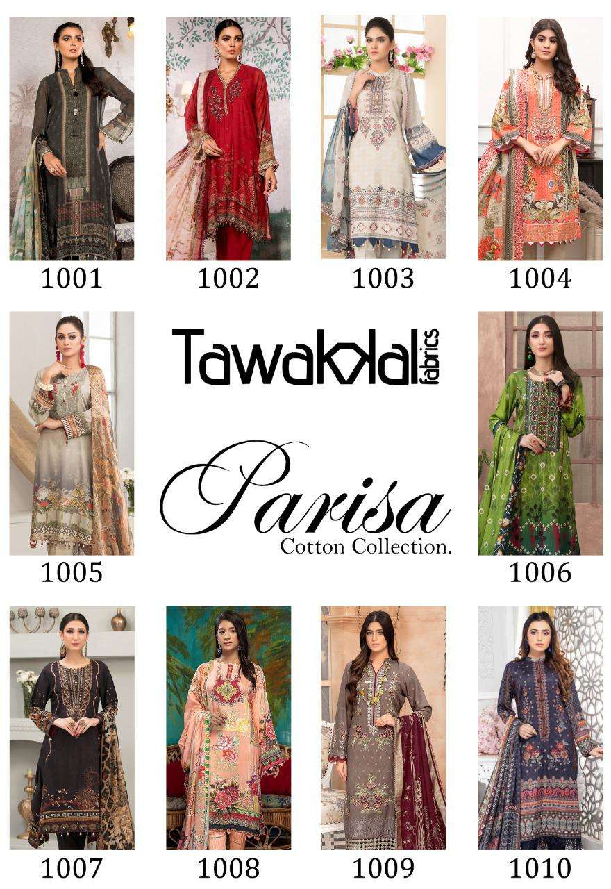 PARISA BY TAWAKKAL FAB 1001 TO 1010 SERIES BEAUTIFUL PAKISTANI SUITS COLORFUL STYLISH FANCY CASUAL WEAR & ETHNIC WEAR COTTON DRESSES AT WHOLESALE PRICE