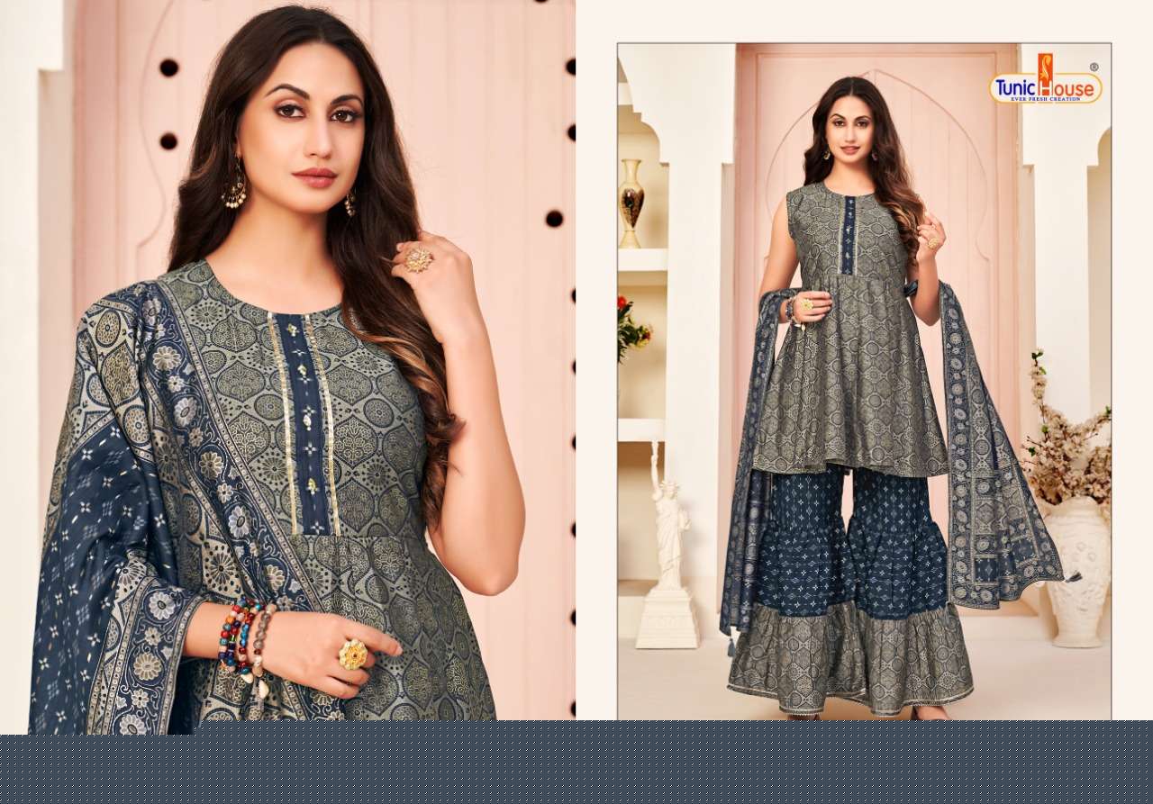 HERLIN VOL-2 BY TUNIC HOUSE 21001 TO 21006 SERIES BEAUTIFUL SHARARA SUITS COLORFUL STYLISH FANCY CASUAL WEAR & ETHNIC WEAR MUSLIN SILK DIGITAL PRINT DRESSES AT WHOLESALE PRICE