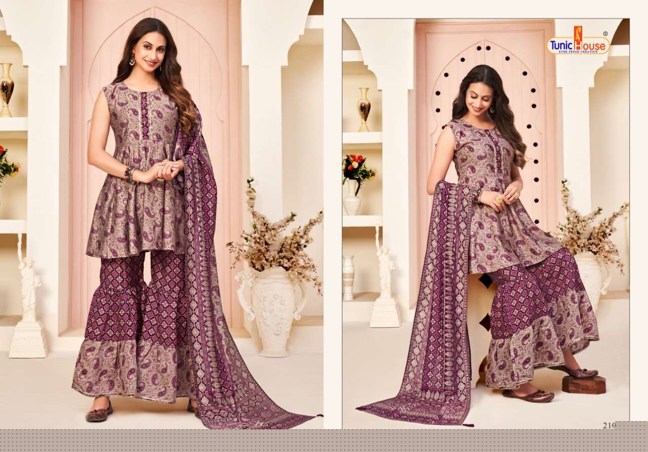 HERLIN VOL-2 BY TUNIC HOUSE 21001 TO 21006 SERIES BEAUTIFUL SHARARA SUITS COLORFUL STYLISH FANCY CASUAL WEAR & ETHNIC WEAR MUSLIN SILK DIGITAL PRINT DRESSES AT WHOLESALE PRICE