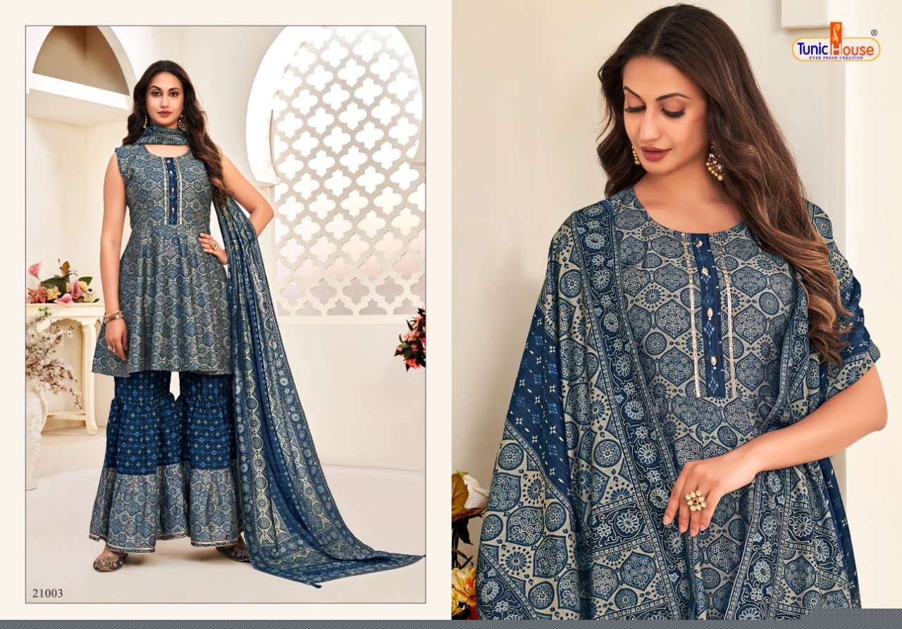 HERLIN VOL-2 BY TUNIC HOUSE 21001 TO 21006 SERIES BEAUTIFUL SHARARA SUITS COLORFUL STYLISH FANCY CASUAL WEAR & ETHNIC WEAR MUSLIN SILK DIGITAL PRINT DRESSES AT WHOLESALE PRICE