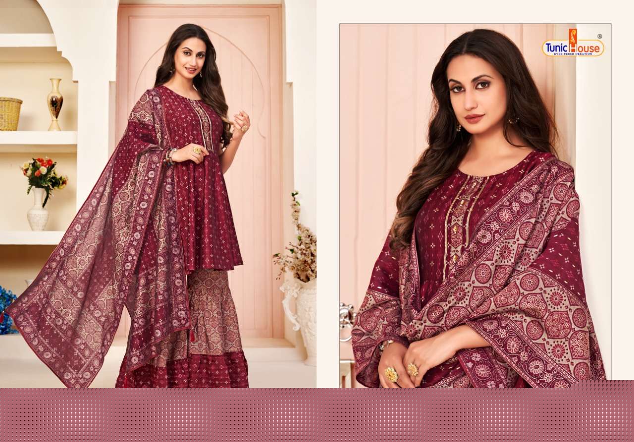 HERLIN VOL-2 BY TUNIC HOUSE 21001 TO 21006 SERIES BEAUTIFUL SHARARA SUITS COLORFUL STYLISH FANCY CASUAL WEAR & ETHNIC WEAR MUSLIN SILK DIGITAL PRINT DRESSES AT WHOLESALE PRICE