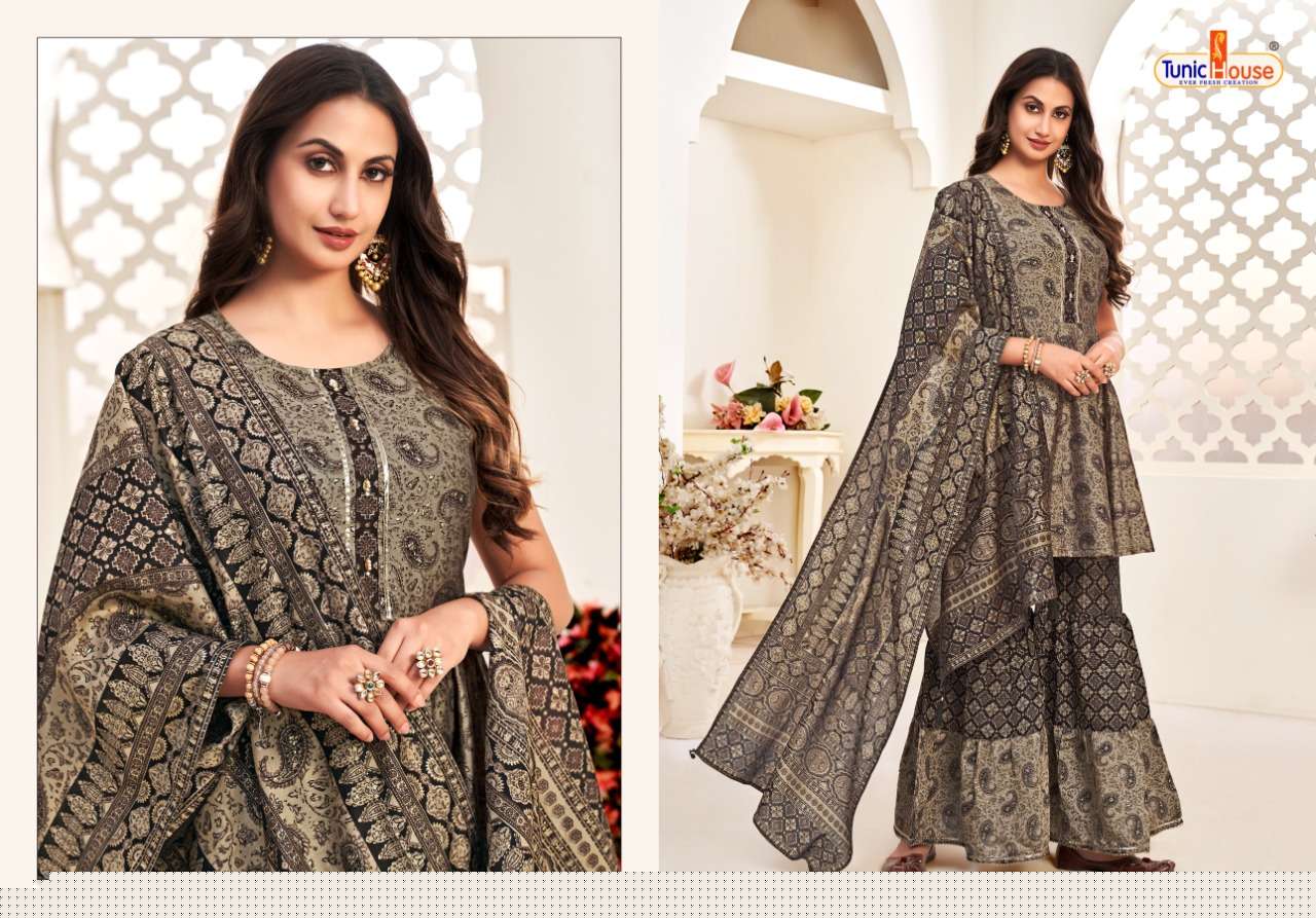 HERLIN VOL-2 BY TUNIC HOUSE 21001 TO 21006 SERIES BEAUTIFUL SHARARA SUITS COLORFUL STYLISH FANCY CASUAL WEAR & ETHNIC WEAR MUSLIN SILK DIGITAL PRINT DRESSES AT WHOLESALE PRICE