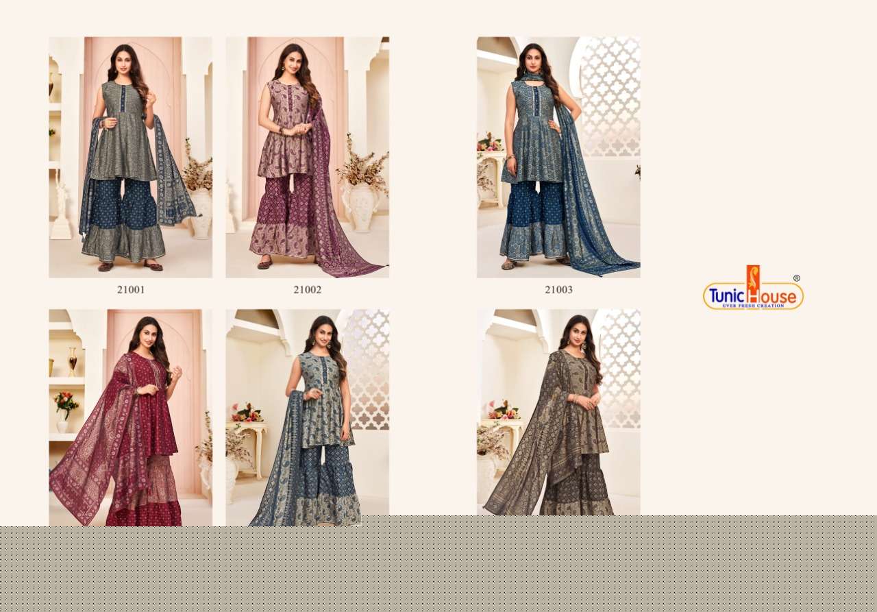 HERLIN VOL-2 BY TUNIC HOUSE 21001 TO 21006 SERIES BEAUTIFUL SHARARA SUITS COLORFUL STYLISH FANCY CASUAL WEAR & ETHNIC WEAR MUSLIN SILK DIGITAL PRINT DRESSES AT WHOLESALE PRICE
