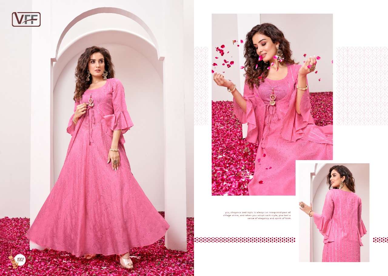 ZAHIRA BY VFF 1001 TO 1005 SERIES BEAUTIFUL STYLISH FANCY COLORFUL CASUAL WEAR & ETHNIC WEAR PURE CHANDERI GOWNS WITH KOTI AT WHOLESALE PRICE