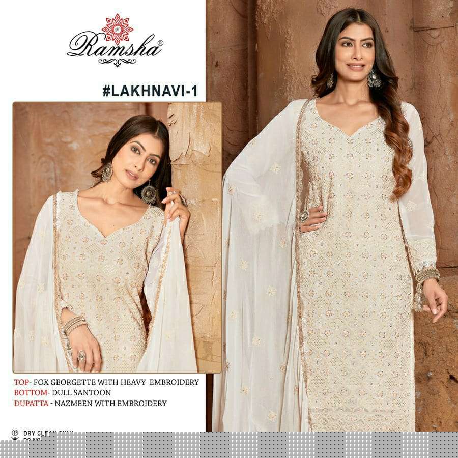 LAKHNAVI BY RAMSHA BEAUTIFUL STYLISH PAKISTANI SUITS FANCY COLORFUL CASUAL WEAR & ETHNIC WEAR & READY TO WEAR FAUX GEORGETTE EMBROIDERY DRESSES AT WHOLESALE PRICE