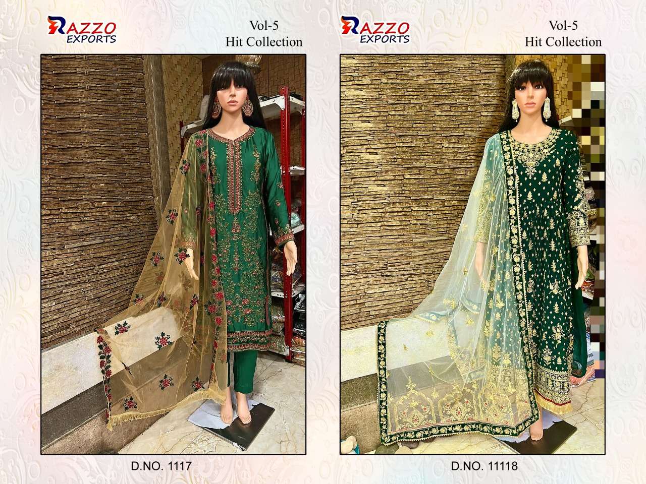 RAZZO VOL-5 HIT COLLECTION BY RAZZO EXPORTS 1117 TO 1118 SERIES DESIGNER BEAUTIFUL STYLISH PAKISATNI SUITS FANCY COLORFUL CASUAL WEAR & ETHNIC WEAR & READY TO WEAR GEORGETTE EMBROIDERY DRESSES AT WHOLESALE PRICE