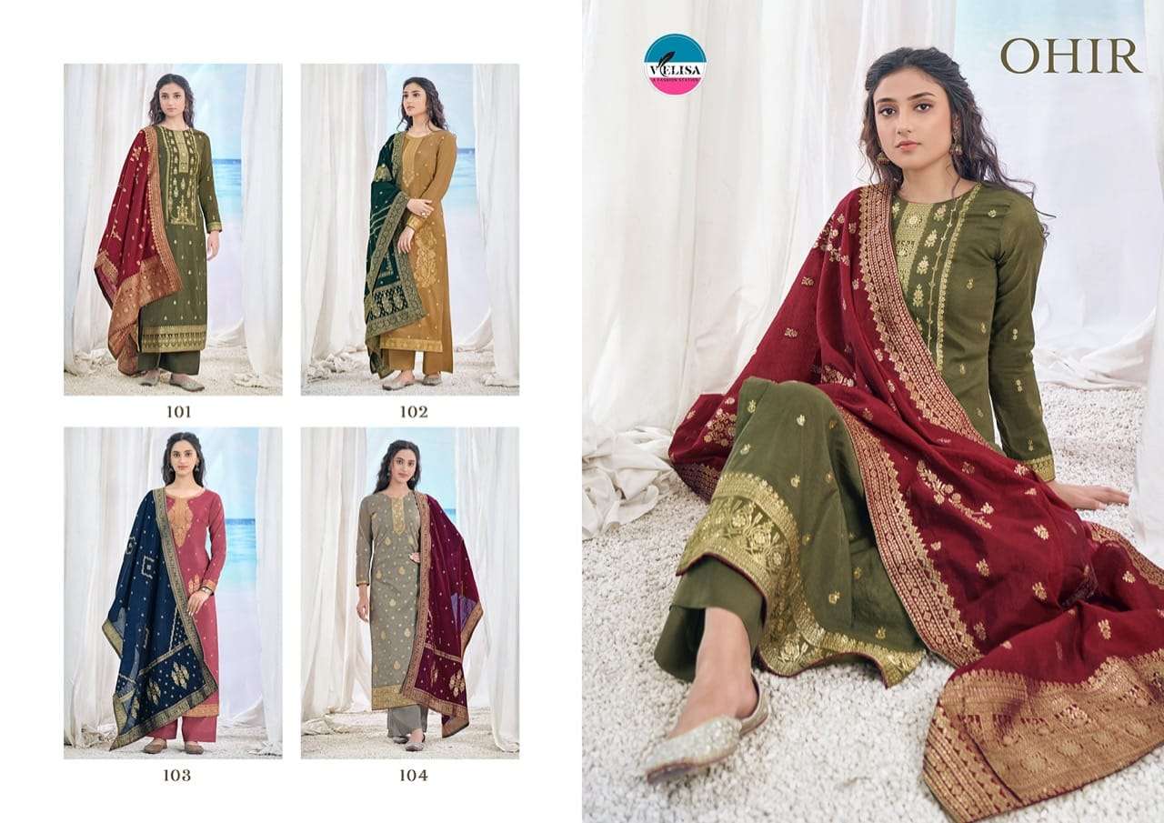 OHIR BY VELISA 101 TO 104 SERIES BEAUTIFUL SUITS COLORFUL STYLISH FANCY CASUAL WEAR & ETHNIC WEAR VISCOSE JACQUARD DRESSES AT WHOLESALE PRICE