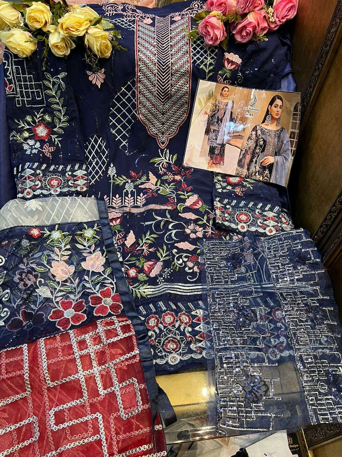 ALIF HIT DESIGN A-45 BY ALIF FASHION PAKISTANI SUITS BEAUTIFUL FANCY COLORFUL STYLISH PARTY WEAR & OCCASIONAL WEAR FAUX GEORGETTE EMBROIDERY DRESSES AT WHOLESALE PRICE