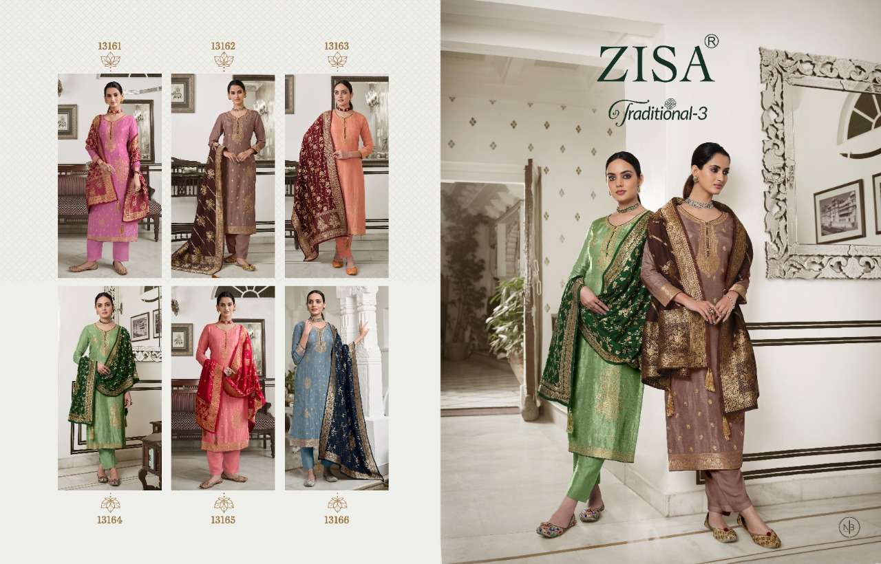 TRADITIONAL VOL-3 BY ZISA 13161 TO 13166 SERIES BEAUTIFUL SUITS COLORFUL STYLISH FANCY CASUAL WEAR & ETHNIC WEAR PURE DOLA JACQUARD DRESSES AT WHOLESALE PRICE
