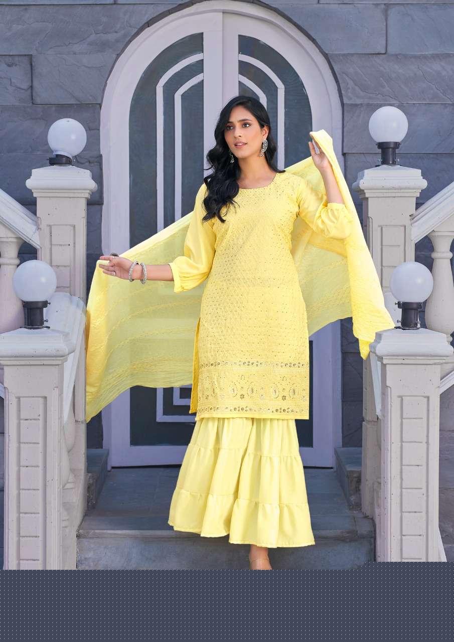 KAVYA BY ANIEYA 1001 TO 1005 SERIES BEAUTIFUL SHARARA SUITS COLORFUL STYLISH FANCY CASUAL WEAR & ETHNIC WEAR GEORGETTE WITH WORK DRESSES AT WHOLESALE PRICE