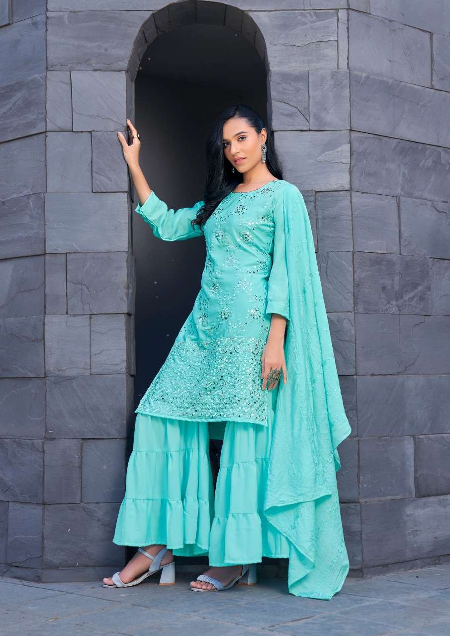 KAVYA BY ANIEYA 1001 TO 1005 SERIES BEAUTIFUL SHARARA SUITS COLORFUL STYLISH FANCY CASUAL WEAR & ETHNIC WEAR GEORGETTE WITH WORK DRESSES AT WHOLESALE PRICE