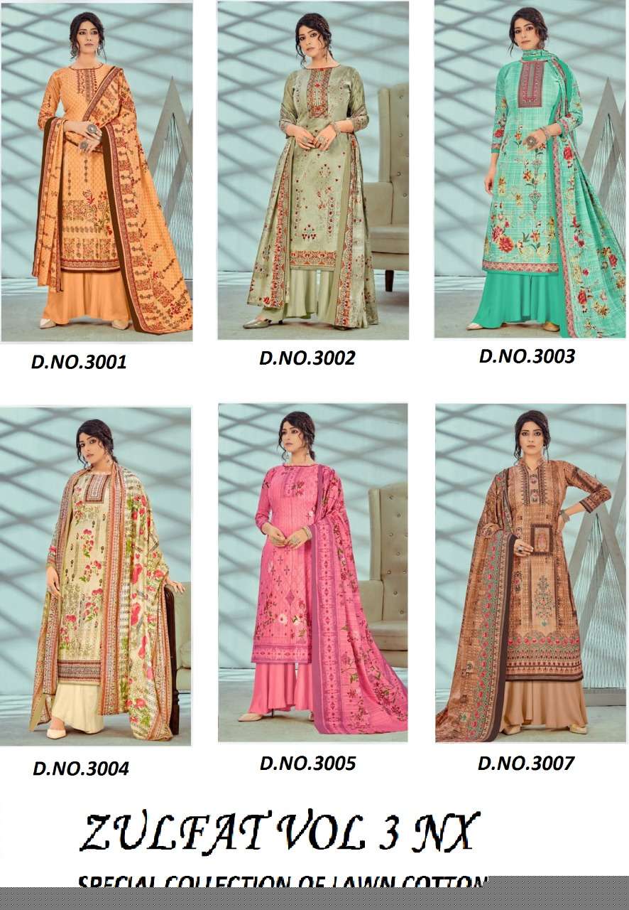 ZULFFAT VOL-3 NX BY YASHIKA TRENDS BEAUTIFUL STYLISH SUITS FANCY COLORFUL CASUAL WEAR & ETHNIC WEAR & READY TO WEAR PURE CAMBRIC PRINTED DRESSES AT WHOLESALE PRICE
