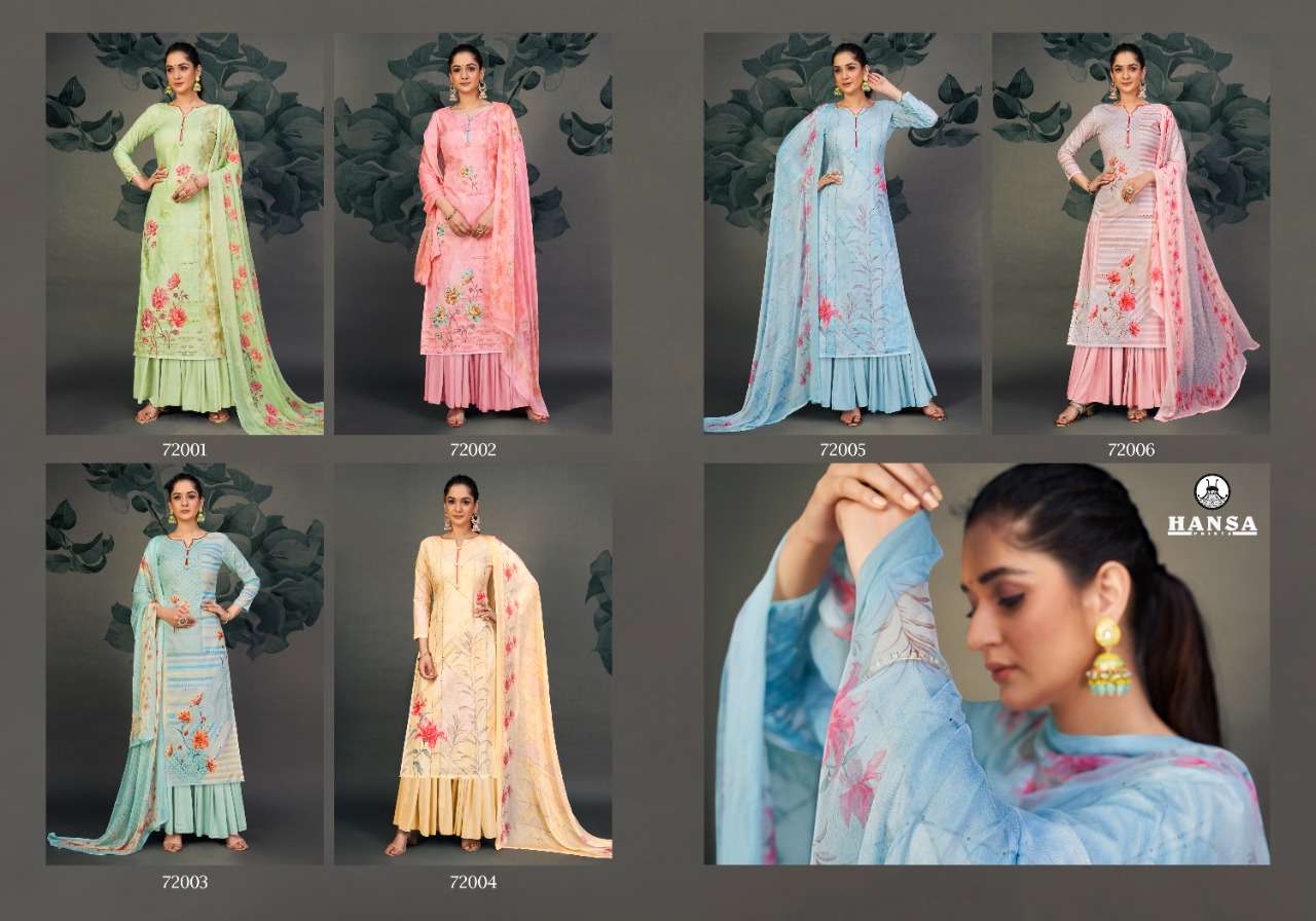 HUSNA ARA VASUNDHRA BY HANSA PRINTS 72001 TO 72006 SERIES BEAUTIFUL STYLISH PAKISATNI SUITS FANCY COLORFUL CASUAL WEAR & ETHNIC WEAR & READY TO WEAR COTTON DIGITAL PRINT WITH WORK DRESSES AT WHOLESALE PRICE