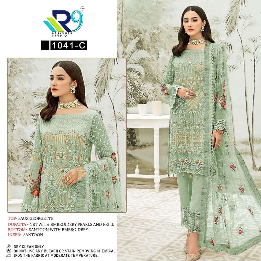 R9 1041 COLOURS BY R9 1041-A TO 1041-D SERIES DESIGNER PAKISTANI SUITS BEAUTIFUL STYLISH FANCY COLORFUL PARTY WEAR & OCCASIONAL WEAR FAUX GEORGETTE EMBROIDERED DRESSES AT WHOLESALE PRICE