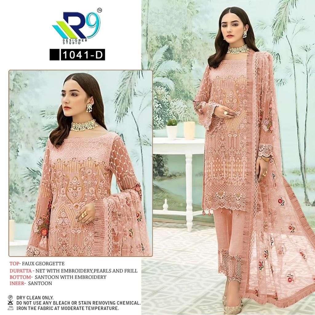 R9 1041 COLOURS BY R9 1041-A TO 1041-D SERIES DESIGNER PAKISTANI SUITS BEAUTIFUL STYLISH FANCY COLORFUL PARTY WEAR & OCCASIONAL WEAR FAUX GEORGETTE EMBROIDERED DRESSES AT WHOLESALE PRICE
