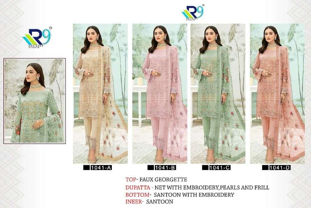 R9 1041 COLOURS BY R9 1041-A TO 1041-D SERIES DESIGNER PAKISTANI SUITS BEAUTIFUL STYLISH FANCY COLORFUL PARTY WEAR & OCCASIONAL WEAR FAUX GEORGETTE EMBROIDERED DRESSES AT WHOLESALE PRICE