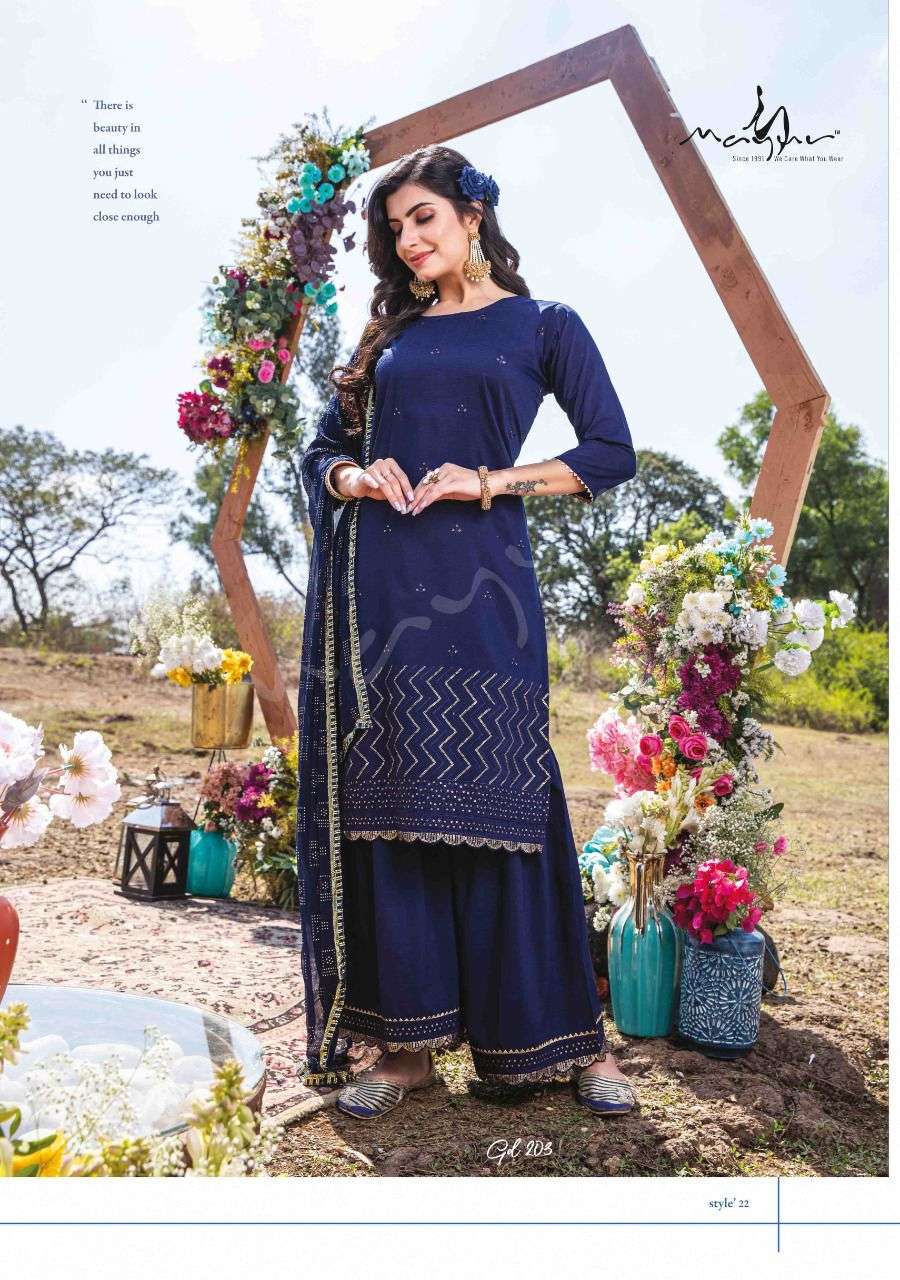 GLOBAL DESI VOL-2 BY MAYUR 201 TO 206 SERIES BEAUTIFUL SHARARA SUITS COLORFUL STYLISH FANCY CASUAL WEAR & ETHNIC WEAR HEAVY CHINNON DRESSES AT WHOLESALE PRICE