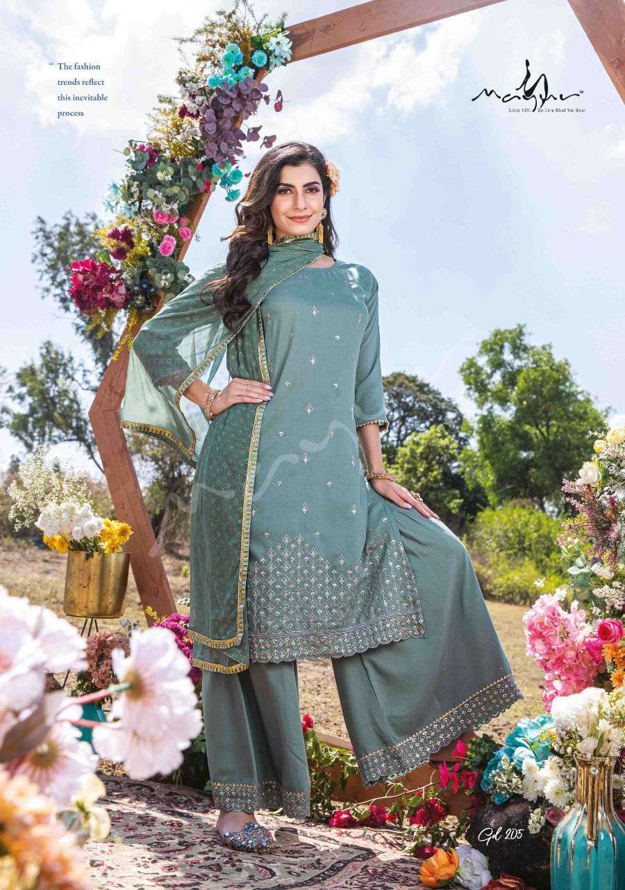 GLOBAL DESI VOL-2 BY MAYUR 201 TO 206 SERIES BEAUTIFUL SHARARA SUITS COLORFUL STYLISH FANCY CASUAL WEAR & ETHNIC WEAR HEAVY CHINNON DRESSES AT WHOLESALE PRICE