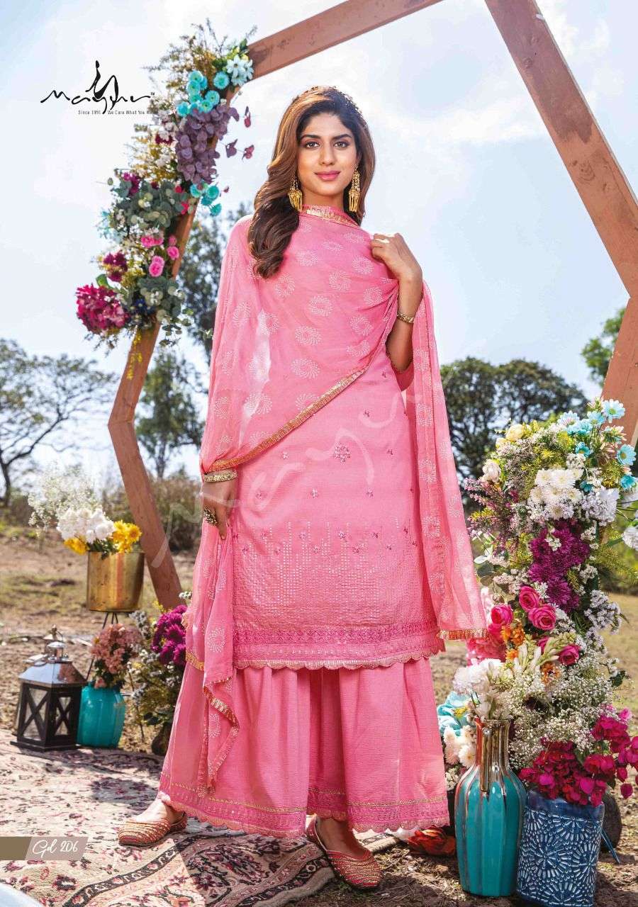 GLOBAL DESI VOL-2 BY MAYUR 201 TO 206 SERIES BEAUTIFUL SHARARA SUITS COLORFUL STYLISH FANCY CASUAL WEAR & ETHNIC WEAR HEAVY CHINNON DRESSES AT WHOLESALE PRICE