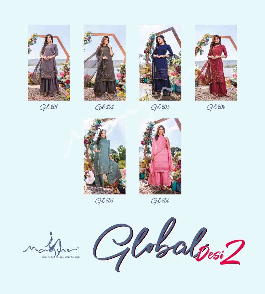 GLOBAL DESI VOL-2 BY MAYUR 201 TO 206 SERIES BEAUTIFUL SHARARA SUITS COLORFUL STYLISH FANCY CASUAL WEAR & ETHNIC WEAR HEAVY CHINNON DRESSES AT WHOLESALE PRICE