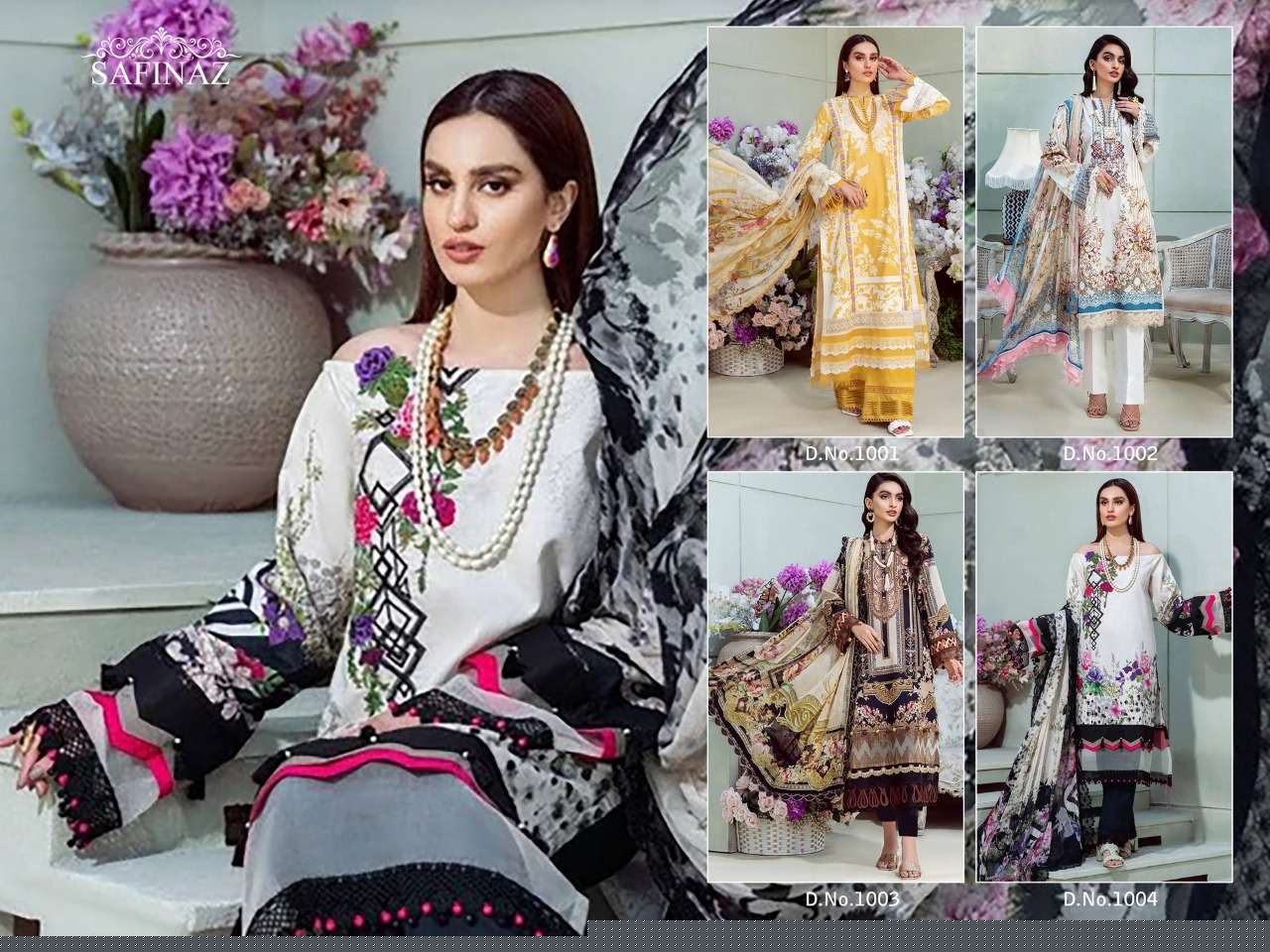 FIRDOUS VOL-6 BY SAFINAZ 1001 TO 1004 SERIES BEAUTIFUL PAKISTANI SUITS STYLISH FANCY COLORFUL PARTY WEAR & OCCASIONAL WEAR PURE LAWN COTTON WITH EMBROIDERY DRESSES AT WHOLESALE PRICE