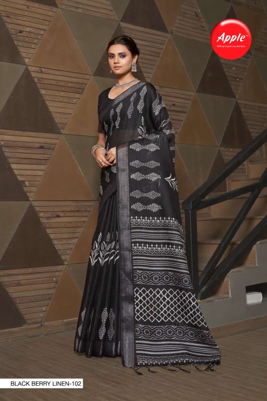 BLACK BERRY LINEN BY APPLE 101 TO 108 SERIES INDIAN TRADITIONAL WEAR COLLECTION BEAUTIFUL STYLISH FANCY COLORFUL PARTY WEAR & OCCASIONAL WEAR PURE LINEN SAREES AT WHOLESALE PRICE